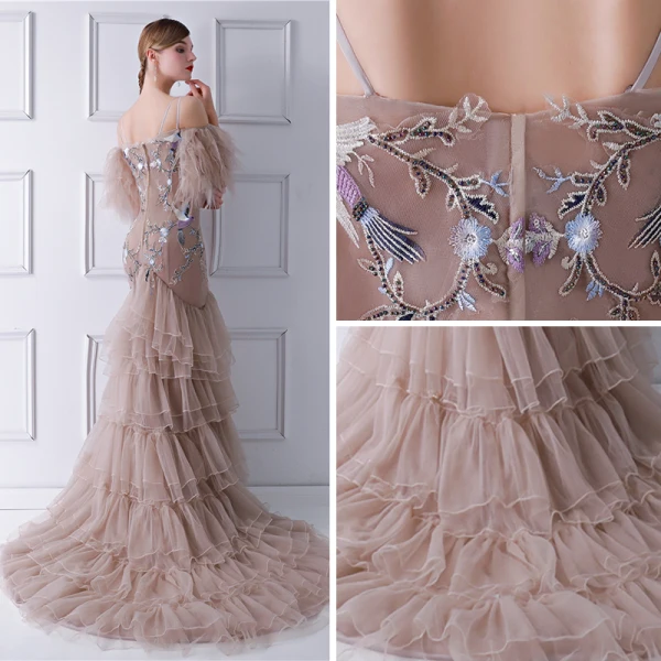 Glamour Tan Robe De Soirée 2019 Trompette / Sirène Bretelles Spaghetti Gonflée Manches Courtes Perlage Brodé Tribunal Train Volants en Cascade Dos Nu Robe De Ceremonie