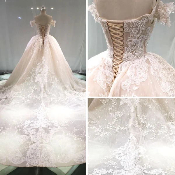 Stunning Champagne Wedding Dresses 2019 Princess Off-The-Shoulder Short Sleeve Backless Appliques Lace Beading Glitter Tulle Cathedral Train Ruffle