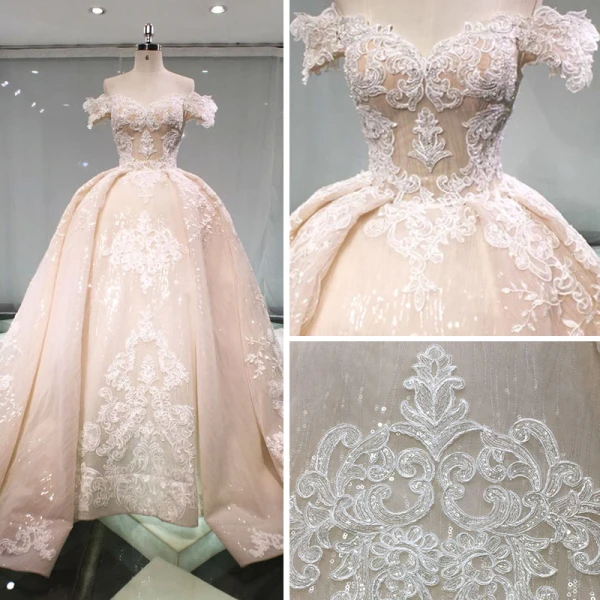 Stunning Champagne Wedding Dresses 2019 Princess Off-The-Shoulder Short Sleeve Backless Appliques Lace Beading Glitter Tulle Cathedral Train Ruffle