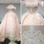 Stunning Champagne Wedding Dresses 2019 Princess Off-The-Shoulder Short Sleeve Backless Appliques Lace Beading Glitter Tulle Cathedral Train Ruffle