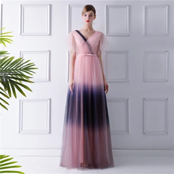 Moderne Mode Rougissant Rose Dégradé De Couleur Bleu Marine Robe De Soirée 2019 Princesse V Cou Manches Courtes Noeud Ceinture Longue Volants Dos Nu Robe De Ceremonie