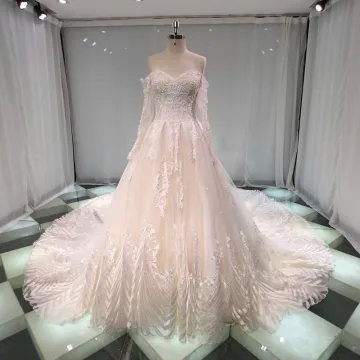 Best Champagne Wedding Dresses 2019 Princess Off The Shoulder Sweetheart Long Sleeve Backless Appliques Lace Crystal Beading Glitter Tulle Cathedral Train Ruffle