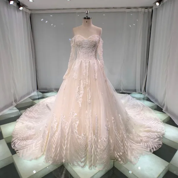 Best Champagne Wedding Dresses 2019 Princess Off-The-Shoulder Sweetheart Long Sleeve Backless Appliques Lace Crystal Beading Glitter Tulle Cathedral Train Ruffle