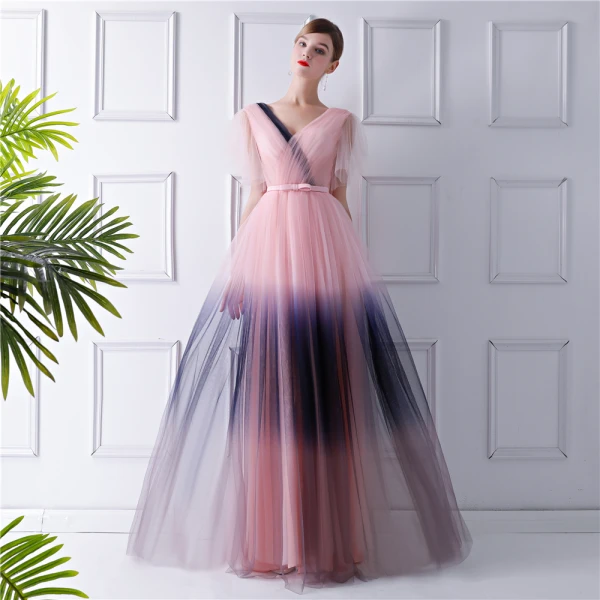 Modern / Fashion Blushing Pink Gradient-Color Navy Blue Evening Dresses 2019 A-Line / Princess V-Neck Short Sleeve Bow Sash Floor-Length / Long Ruffle Backless Formal Dresses