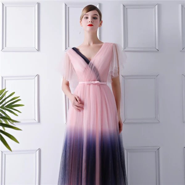 Modern / Fashion Blushing Pink Gradient-Color Navy Blue Evening Dresses 2019 A-Line / Princess V-Neck Short Sleeve Bow Sash Floor-Length / Long Ruffle Backless Formal Dresses