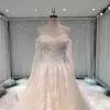 Best Champagne Wedding Dresses 2019 Princess Off-The-Shoulder Sweetheart Long Sleeve Backless Appliques Lace Crystal Beading Glitter Tulle Cathedral Train Ruffle