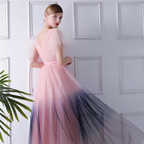 Modern / Fashion Blushing Pink Gradient-Color Navy Blue Evening Dresses 2019 A-Line / Princess V-Neck Short Sleeve Bow Sash Floor-Length / Long Ruffle Backless Formal Dresses