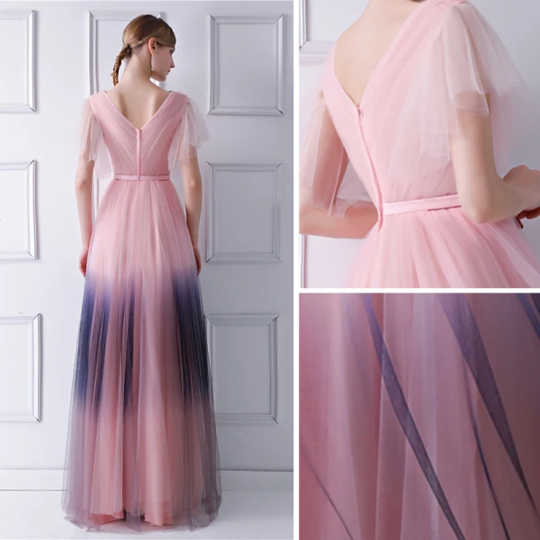 Modern / Fashion Blushing Pink Gradient-Color Navy Blue Evening Dresses 2019 A-Line / Princess V-Neck Short Sleeve Bow Sash Floor-Length / Long Ruffle Backless Formal Dresses
