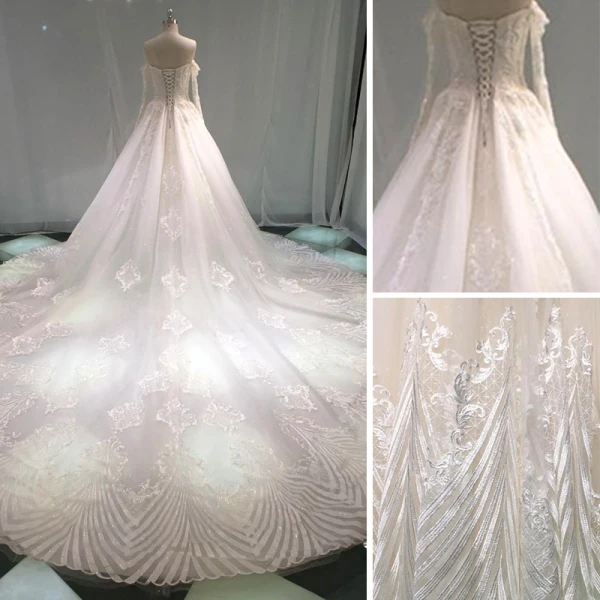 Beste Champagne Brudekjoler 2019 Prinsesse Av Skulderen Kjæreste Langermede Ryggløse Appliques Blonder Krystall Beading Glitter Tyll Cathedral Train Buste