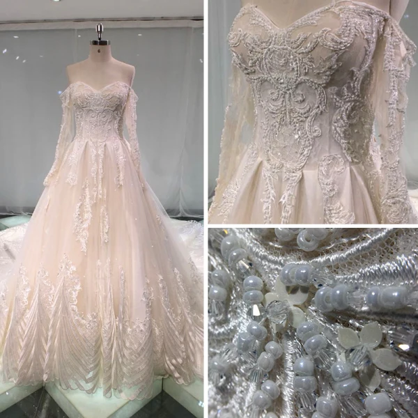 Beste Champagne Brudekjoler 2019 Prinsesse Av Skulderen Kjæreste Langermede Ryggløse Appliques Blonder Krystall Beading Glitter Tyll Cathedral Train Buste