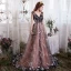 Chic / Belle Champagne Robe De Soirée 2017 Princesse V-Cou 1/2 Manches Appliques Étoile Tribunal Train Dos Nu Robe De Ceremonie