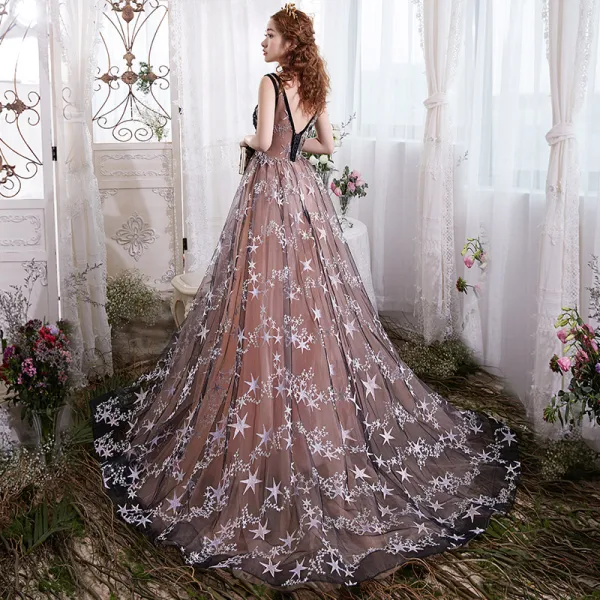 Chic / Belle Champagne Robe De Soirée 2017 Princesse V-Cou 1/2 Manches Appliques Étoile Tribunal Train Dos Nu Robe De Ceremonie