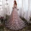 Chic / Belle Champagne Robe De Soirée 2017 Princesse V-Cou 1/2 Manches Appliques Étoile Tribunal Train Dos Nu Robe De Ceremonie
