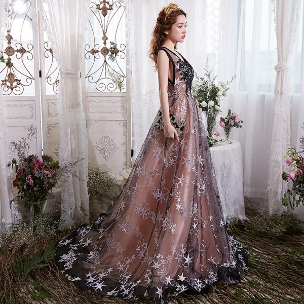 Chic / Belle Champagne Robe De Soirée 2017 Princesse V-Cou 1/2 Manches Appliques Étoile Tribunal Train Dos Nu Robe De Ceremonie