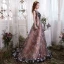 Chic / Belle Champagne Robe De Soirée 2017 Princesse V-Cou 1/2 Manches Appliques Étoile Tribunal Train Dos Nu Robe De Ceremonie