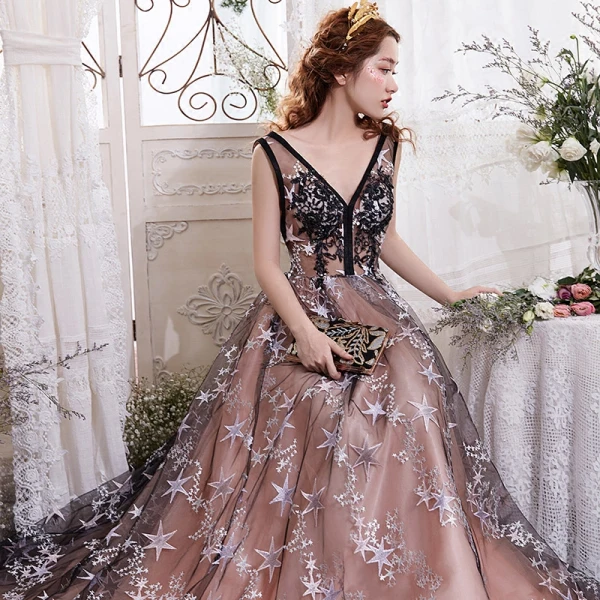 Chic / Belle Champagne Robe De Soirée 2017 Princesse V-Cou 1/2 Manches Appliques Étoile Tribunal Train Dos Nu Robe De Ceremonie