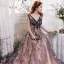 Chic / Belle Champagne Robe De Soirée 2017 Princesse V-Cou 1/2 Manches Appliques Étoile Tribunal Train Dos Nu Robe De Ceremonie