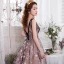 Chic / Belle Champagne Robe De Soirée 2017 Princesse V-Cou 1/2 Manches Appliques Étoile Tribunal Train Dos Nu Robe De Ceremonie