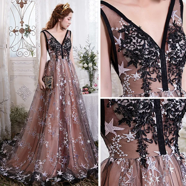 Chic / Belle Champagne Robe De Soirée 2017 Princesse V-Cou 1/2 Manches Appliques Étoile Tribunal Train Dos Nu Robe De Ceremonie