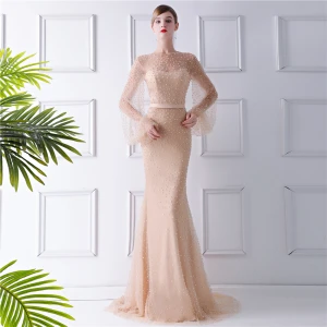 Luxe Champagne Transparentes Robe De Soirée 2019 Trompette Sirène Encolure Dégagée Gonflée Manches Longues Perlage Perle Train De Balayage Volants Robe De Ceremonie