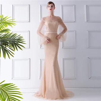Luxe Champagne Transparentes Robe De Soirée 2019 Trompette Sirène Encolure Dégagée Gonflée Manches Longues Perlage Perle Train De Balayage Volants Robe De Ceremonie