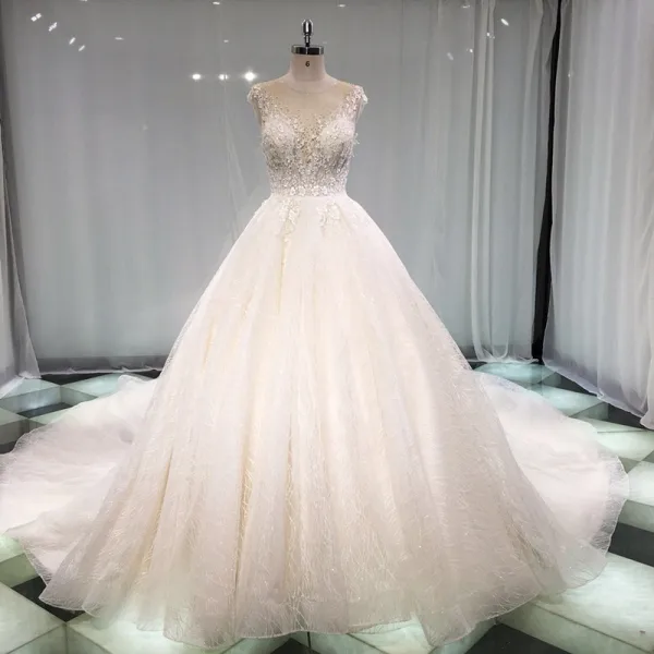 Élégant Champagne Transparentes Robe De Mariée 2019 Princesse Encolure Dégagée Sans Manches Dos Nu Appliques En Dentelle Perle Perlage Glitter Tulle Cathedral Train Volants