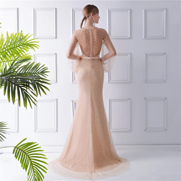 Luxury / Gorgeous Champagne See-through Evening Dresses 2019 Trumpet / Mermaid Scoop Neck Puffy Long Sleeve Beading Pearl Sweep Train Ruffle Formal Dresses