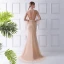 Luxury / Gorgeous Champagne See-through Evening Dresses  2019 Trumpet / Mermaid Scoop Neck Puffy Long Sleeve Beading Pearl Sweep Train Ruffle Formal Dresses