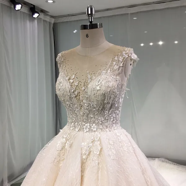 Élégant Champagne Transparentes Robe De Mariée 2019 Princesse Encolure Dégagée Sans Manches Dos Nu Appliques En Dentelle Perle Perlage Glitter Tulle Cathedral Train Volants