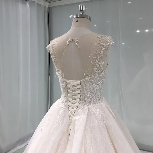Élégant Champagne Transparentes Robe De Mariée 2019 Princesse Encolure Dégagée Sans Manches Dos Nu Appliques En Dentelle Perle Perlage Glitter Tulle Cathedral Train Volants