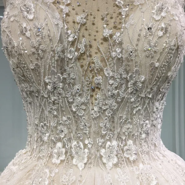 Élégant Champagne Transparentes Robe De Mariée 2019 Princesse Encolure Dégagée Sans Manches Dos Nu Appliques En Dentelle Perle Perlage Glitter Tulle Cathedral Train Volants