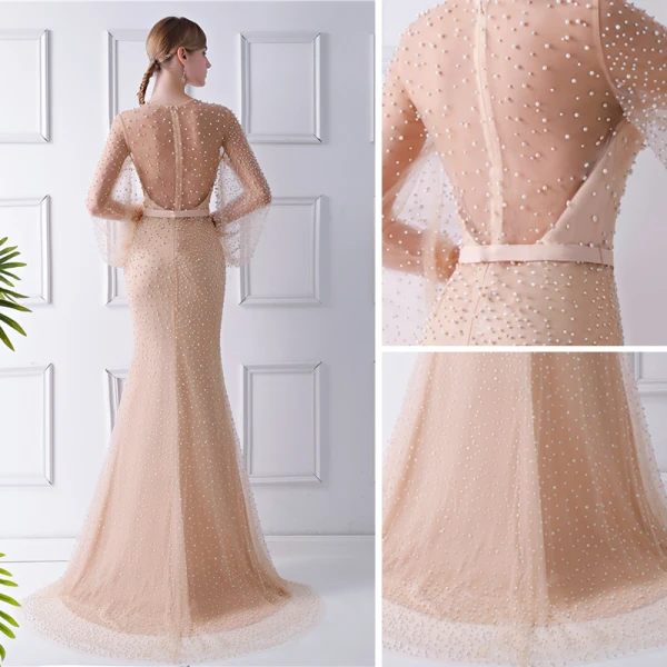 Luxury / Gorgeous Champagne See-through Evening Dresses 2019 Trumpet / Mermaid Scoop Neck Puffy Long Sleeve Beading Pearl Sweep Train Ruffle Formal Dresses