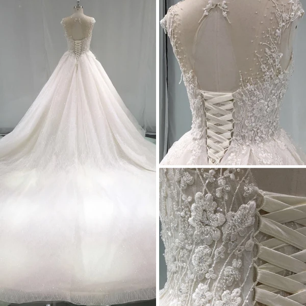 Élégant Champagne Transparentes Robe De Mariée 2019 Princesse Encolure Dégagée Sans Manches Dos Nu Appliques En Dentelle Perle Perlage Glitter Tulle Cathedral Train Volants