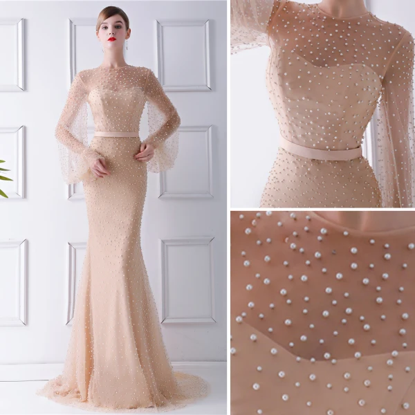 Luxury / Gorgeous Champagne See-through Evening Dresses 2019 Trumpet / Mermaid Scoop Neck Puffy Long Sleeve Beading Pearl Sweep Train Ruffle Formal Dresses