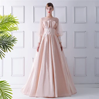 Stylowe Modne Szampan Przezroczyste Sukienki Na Bal 2019 Princessa Wycięciem Bufiasta Długie Rękawy Aplikacje Kwiat Trenem Sweep Wzburzyć Bez Pleców Cekinami Sukienki Wizytowe