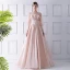 Modern / Fashion Champagne See-through Prom Dresses 2019 A-Line / Princess Scoop Neck Puffy Long Sleeve Appliques Flower Sweep Train Ruffle Backless Glitter Formal Dresses