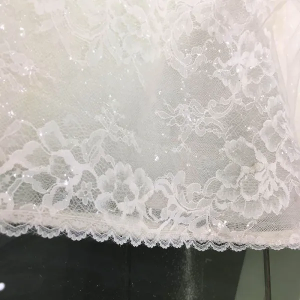 Luxury / Gorgeous Champagne See-through Wedding Dresses 2019 Princess Scoop Neck Long Sleeve Backless Appliques Lace Pearl Beading Glitter Tulle Cathedral Train Ruffle