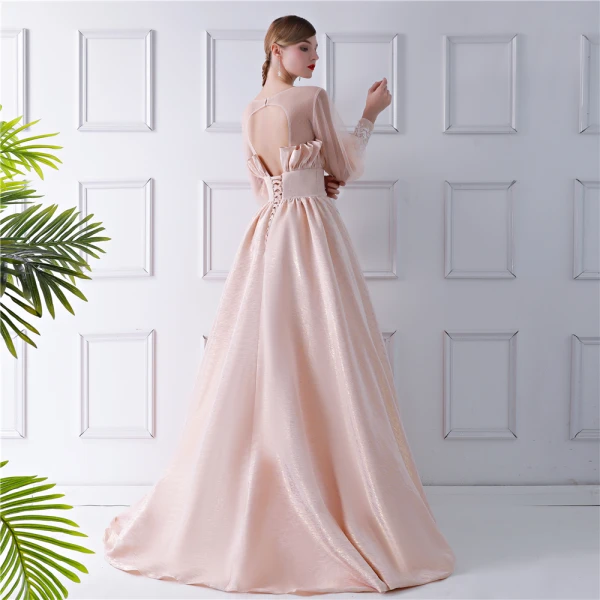 Modern / Fashion Champagne See-through Prom Dresses 2019 A-Line / Princess Scoop Neck Puffy Long Sleeve Appliques Flower Sweep Train Ruffle Backless Glitter Formal Dresses