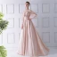 Modern / Fashion Champagne See-through Prom Dresses 2019 A-Line / Princess Scoop Neck Puffy Long Sleeve Appliques Flower Sweep Train Ruffle Backless Glitter Formal Dresses