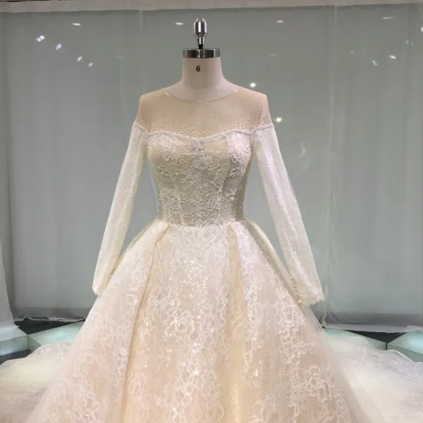 Luxury / Gorgeous Champagne See-through Wedding Dresses 2019 Princess Scoop Neck Long Sleeve Backless Appliques Lace Pearl Beading Glitter Tulle Cathedral Train Ruffle