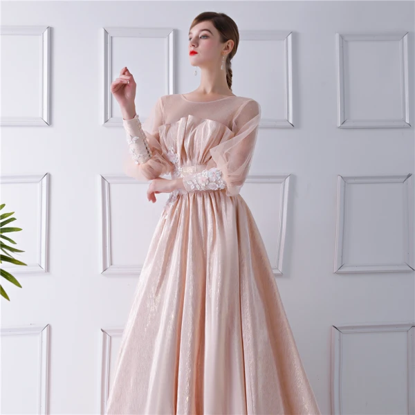 Modern / Fashion Champagne See-through Prom Dresses 2019 A-Line / Princess Scoop Neck Puffy Long Sleeve Appliques Flower Sweep Train Ruffle Backless Glitter Formal Dresses