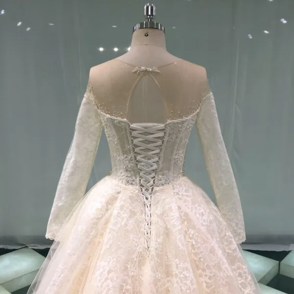 Luxury / Gorgeous Champagne See-through Wedding Dresses 2019 Princess Scoop Neck Long Sleeve Backless Appliques Lace Pearl Beading Glitter Tulle Cathedral Train Ruffle