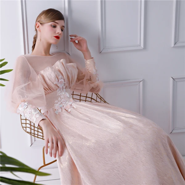Modern / Fashion Champagne See-through Prom Dresses 2019 A-Line / Princess Scoop Neck Puffy Long Sleeve Appliques Flower Sweep Train Ruffle Backless Glitter Formal Dresses