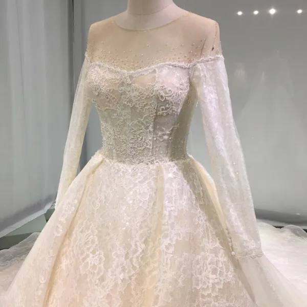 Luxury / Gorgeous Champagne See-through Wedding Dresses 2019 Princess Scoop Neck Long Sleeve Backless Appliques Lace Pearl Beading Glitter Tulle Cathedral Train Ruffle