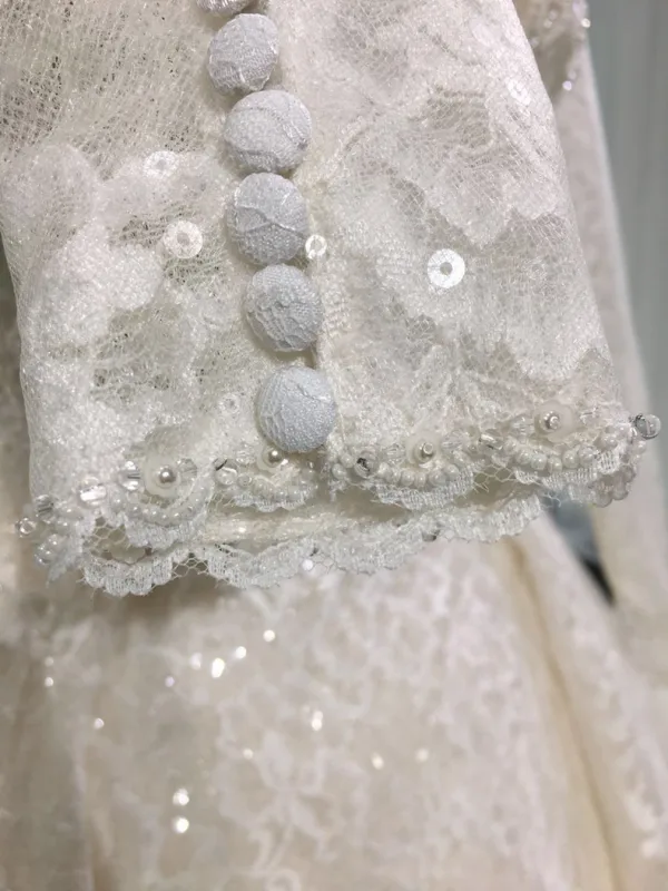 Luxury / Gorgeous Champagne See-through Wedding Dresses 2019 Princess Scoop Neck Long Sleeve Backless Appliques Lace Pearl Beading Glitter Tulle Cathedral Train Ruffle