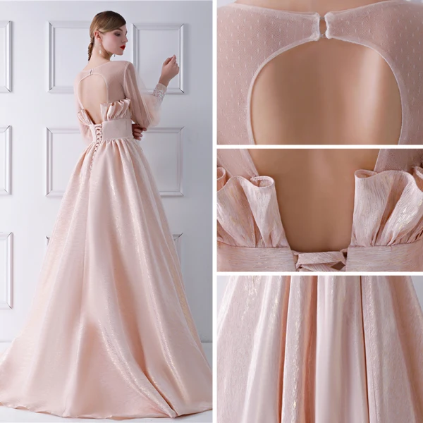 Modern / Fashion Champagne See-through Prom Dresses 2019 A-Line / Princess Scoop Neck Puffy Long Sleeve Appliques Flower Sweep Train Ruffle Backless Glitter Formal Dresses