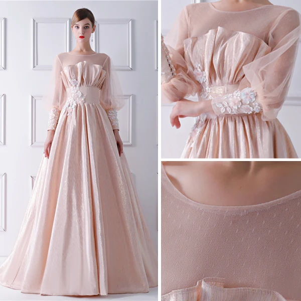 Modern / Fashion Champagne See-through Prom Dresses 2019 A-Line / Princess Scoop Neck Puffy Long Sleeve Appliques Flower Sweep Train Ruffle Backless Glitter Formal Dresses