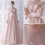 Modern / Fashion Champagne See-through Prom Dresses 2019 A-Line / Princess Scoop Neck Puffy Long Sleeve Appliques Flower Sweep Train Ruffle Backless Glitter Formal Dresses