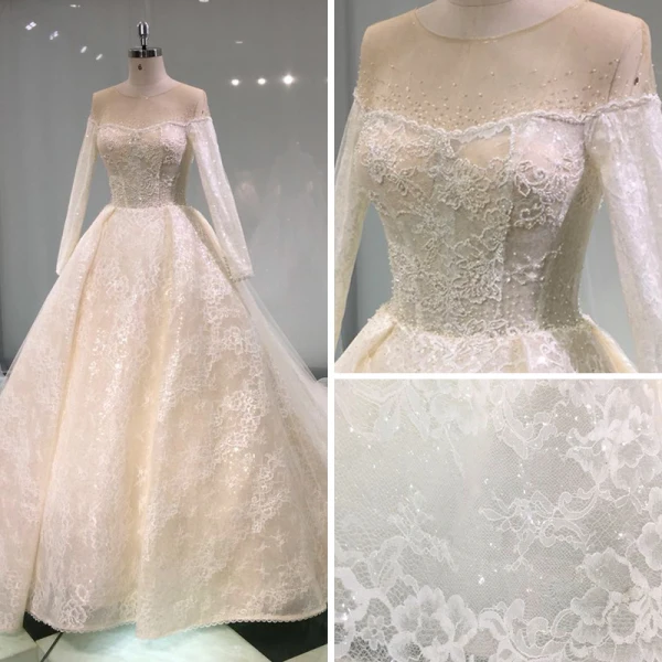 Luxury / Gorgeous Champagne See-through Wedding Dresses 2019 Princess Scoop Neck Long Sleeve Backless Appliques Lace Pearl Beading Glitter Tulle Cathedral Train Ruffle