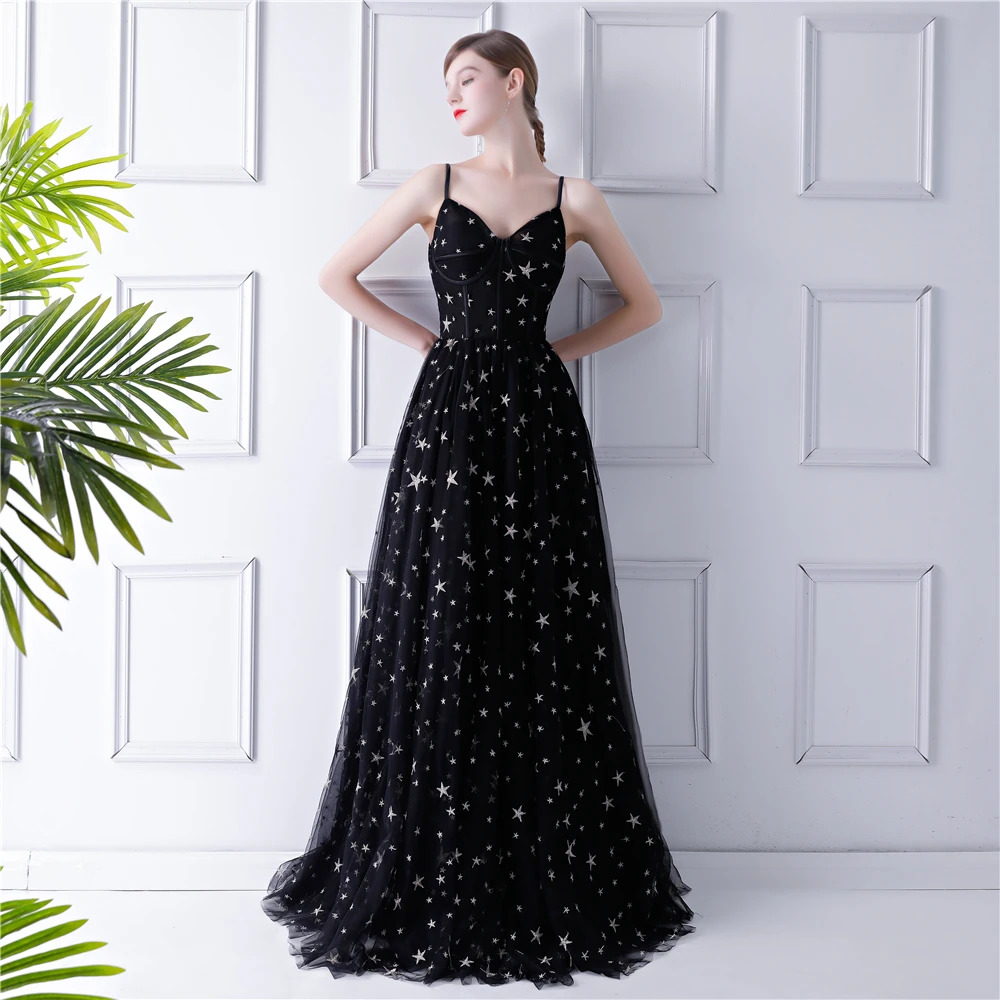 Elegant Black Prom Dresses 2019 A Line Princess Spaghetti Straps Sleeveless Star  Embroidered Floor Length Long Ruffle Backless Formal Dresses